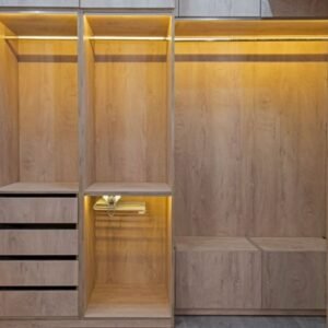 Interior design of bedroom closet with custom wardrobe cabinets Dubai