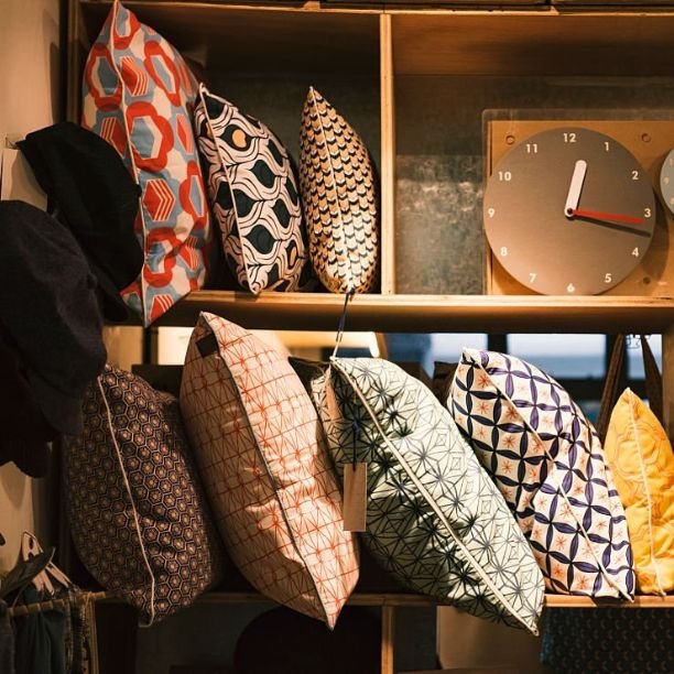 pillows and handmade clocks